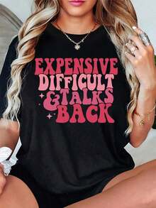 1 Piece Women's T-Shirt With "Difficult Talks Back" Letter Print, Casual Style, Round Neck, Elastic Knit Fabric, Alphabet Graphic, Short Sleeve, For All Seasons, Sizes S-3XL, Soft. - 黑色 - 查看 1