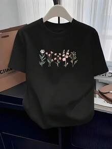 Camiseta Casual Premium para Mujer: Nueva y moderna camiseta casual cómoda y versátil para el día a día, de manga corta - Diseño de cuello redondo, estampado artístico sencillo y ecológico. - Negro - Ver 7