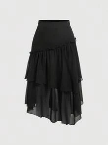 MOD Falda De Doble Capa Con Dobladillo De Volantes Para Mujer - Negro - Ver 9