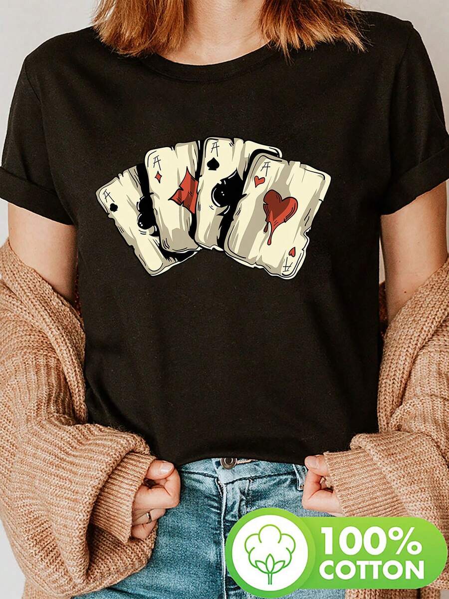 Nueva camiseta de moda para mujer con cuello redondo y estampado vintage de la marca Y-American, diseño de póker Texas Hold'em-4 Aces, camiseta casual de manga corta, adecuada para verano y primavera, ropa de mujer. Diseño versátil para el verano. - Negro - Ver 1