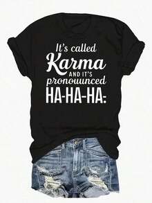 short-sleeveCamiseta de mujer de manga corta casual de verano - Camiseta de cuello redondo con texto "It's Called KARMA" en color marrón con texto blanco, lavable a máquina, ajuste regular para primavera, verano y otoño, ropa de verano suelta y cómoda100% Cotton100% Cotton - Negro - Ver 1
