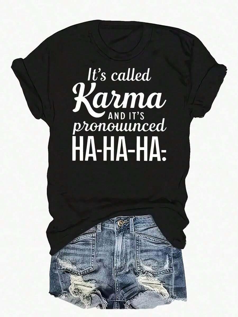 short-sleeveCamiseta de mujer de manga corta casual de verano - Camiseta de cuello redondo con texto "It's Called KARMA" en color marrón con texto blanco, lavable a máquina, ajuste regular para primavera, verano y otoño, ropa de verano suelta y cómoda100% Cotton100% Cotton - Negro - Ver 1