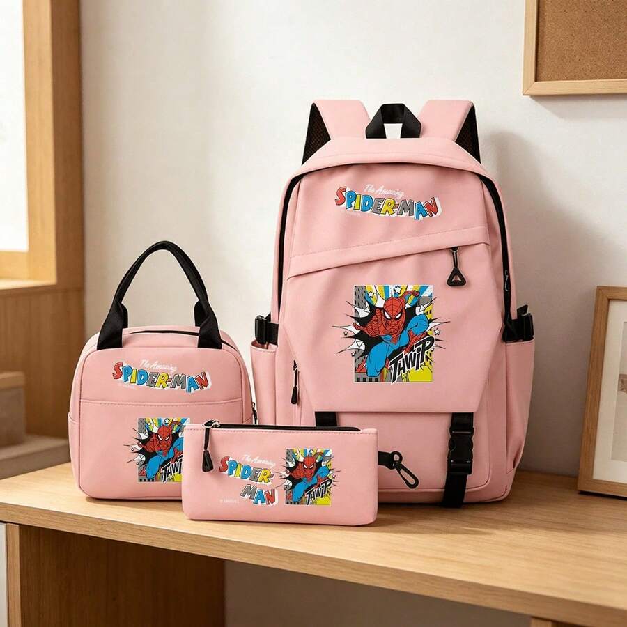 Miniso 漫威超凡蜘蛛侠三件套粉色背包套装,含笔记本电脑包、保温袋和铅笔盒,适合办公、学习和旅行。 - 粉色 - 查看 1
