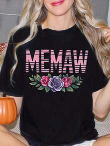 Women's Floral Print T-Shirt By Memaw, Short Sleeve, Round Neck, Casual Top For Spring And Summer, Gift For Grandmother, Plus Size Women's Clothing, Printed Blouses For Women. - 黑色 - 查看 5