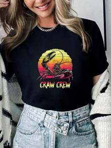 Camiseta 100% Algodón para Mujer, Estilo Retro, Diseño de Cangrejo de Río y Atardecer, Estilo Cajun, para Verano, TopPure-Cotton - Negro - Ver 7