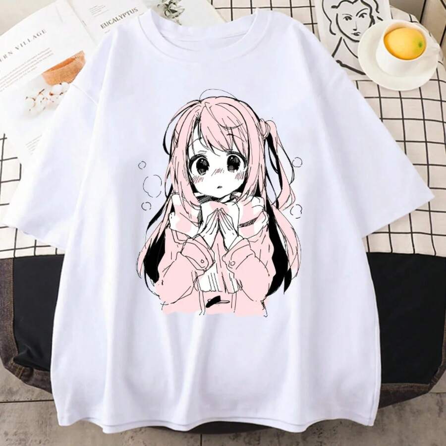 Camiseta de Mujer 2026 de Gran con Estampado de Anime y Dibujos Animados, Estilo Kawaii Harajuku, Ropa Urbana Casual, Corte Holgado, Manga Corta, Estilo Gótico - Blanco - Ver 1