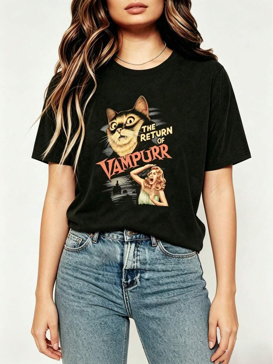 Camiseta de manga corta para mujer, cuello redondo, holgada, con estampado gráfico de gato y figura femenina, ideal para uso diario, salidas casuales, fines de semana y eventos de Halloween, estilo retro y streetwear, para primavera y verano. Envío nacional en México. - Negro - Ver 1