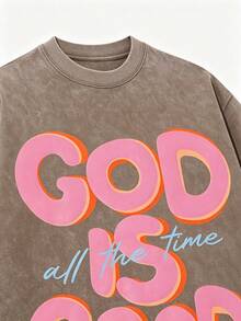 Men's God Is Good Distressed Graphic Tee, Oversized Crew Neck Short Sleeve Vintage Wash T-Shirt, Unisex Boyfriend Fit - 咖啡色 - 查看 3