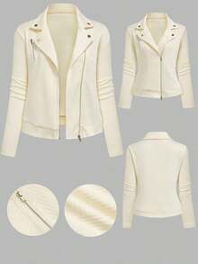 Chaqueta de motorista informal con cuello alto, textura y cierre de cremallera - Albaricoque - Ver 3