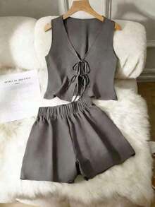 Set de 2 piezas de conjunto informal de mujer de unicolor con nudo, elegante para primavera/verano - Gris - Ver 7
