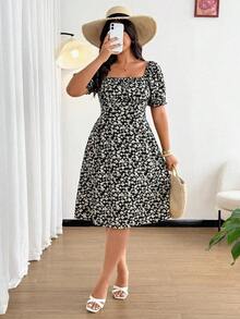 Vestido con abertura lateral romántica, estilo floral diminuto y refrescante para vacaciones, talla grande - Negro - Ver 4