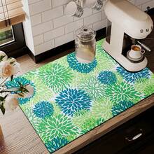 1pc Fresh Blue & Green Chrysanthemum Pattern Absorbent Dish Drying Mat, Espresso Machine Countertop Absorbent Mat, Sink Drain Mat, Soft Faucet Absorbent Mat, Sink Cup Mat, Home & Kitchen, Bathroom Accessories - Multicolor - View 8