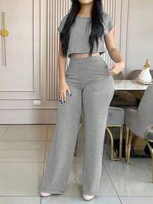 casual y elegante de 2 piezas de unicolor con bolsillos para mujer, apto para primavera/verano - Gris - Ver 2