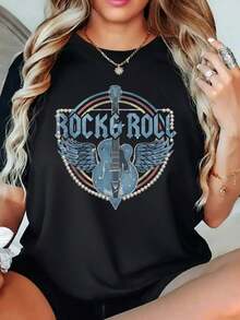 1 Piece Of 100% Cotton Cropped T-Shirt, Casual Round Neck With Print, Creative Guitar Wings, Breathable Short Sleeve For Everyday Wear - 黑色 - 查看 1