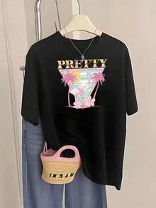 2026 new Camisetas Para Mujer Camiseta única y moderna diseño y2k con estampado de palmeras y copa de cóctel destacando la palabra PRETTY perfecta para un look fresco y veraniego ideal para cualquier ocasión casual y cómoda en México - Negro - Ver 1