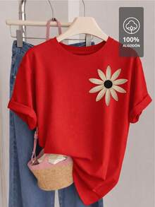 Beige Floral Print T-Shirt | 100% Cotton - [紅色的] - 查看 2
