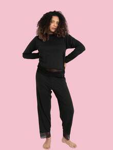 Kit 3 Pijamas Feminino Longo com Renda Delicada Elegante e Confortável - preto/branco/rosê - Visão 4