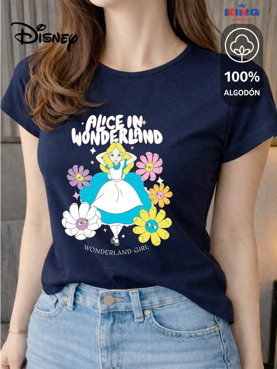 Women's T-Shirt Made Of 100% High-Quality Cotton. This T-Shirt Guarantees Exceptional Softness To The Touch, With A Round Neck, "Disney Alice In Wonderland Girl" Print, And Short Sleeves. - 藏蓝色 - 查看 1