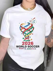Women's Short-Sleeved T-Shirt With Round Neck And Print, World Cup 2026 North America, Sizes S-3XL, Fashionable, Comfortable And Breathable, Machine Washable. - 白色 - 查看 1
