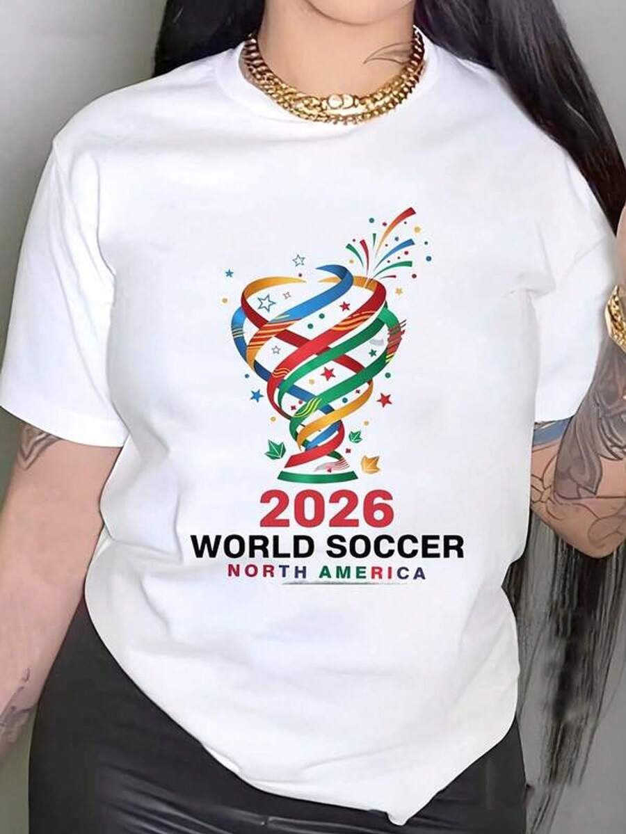 Women's Short-Sleeved T-Shirt With Round Neck And Print, World Cup 2026 North America, Sizes S-3XL, Fashionable, Comfortable And Breathable, Machine Washable. - 白色 - 查看 1