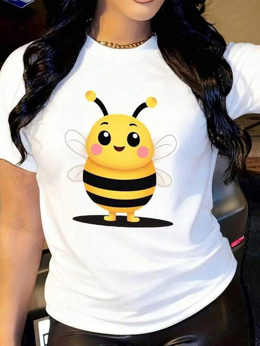 Camiseta de manga corta con cuello redondo y estampado para mujer Diseño de persone de dibujos animados de abeja linda S-3XL moda, cómodo y transpirable uni lavable a máquina