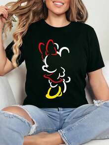 2026Camiseta de Manga Corta para Mujer - Estampado de Dibujos Animados, Cuello Redondo, Top Casual de Primavera/Verano, Serie Princesa Estilosa, Ropa Casual |   Camiseta Gráfica de Dibujos Animados |   Tejido Brillante2026 - Negro - Ver 1