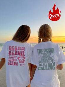3 piezas 2 piezas/set Camiseta de manga corta con cuello redondo y estampado de letras y tortugas marinas, estilo casual de verano para mujer, camiseta gráfica, blanca, negra, rosa, conjunto de vacaciones para damas.|Moda Urbana Local de Primavera/Verano||Uso Casual Diario Primavera Verano Moderno Moldeador|Conjunto de verano para mujer, ropa de vacaciones|Blusas elegantes para mujer, ropa de primavera, blusas de verano. - Blanco - Ver 6