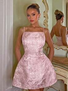 Charm Vestido sin mangas para mujer con tela jacquard metálica con flores 3D, vestido de lujo para fiestas/té con espalda hueca, sexy y elegante, para verano - Rosa 2 - Ver 3
