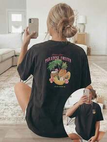 1 Piece [Double-Sided Print] Women's T-Shirt, Casual Short-Sleeve Round Neck Top, Tropical Fruit Collage Print With Coconut, Pineapple, Banana And Other Elements, Breathable Machine-Washable Fabric, Suitable For Comfortable Wear In All Seasons - Unisex Soft Cotton Short-Sleeve Round Neck T-Shirt, Urban Vintage Style. - 黑色 - 查看 1