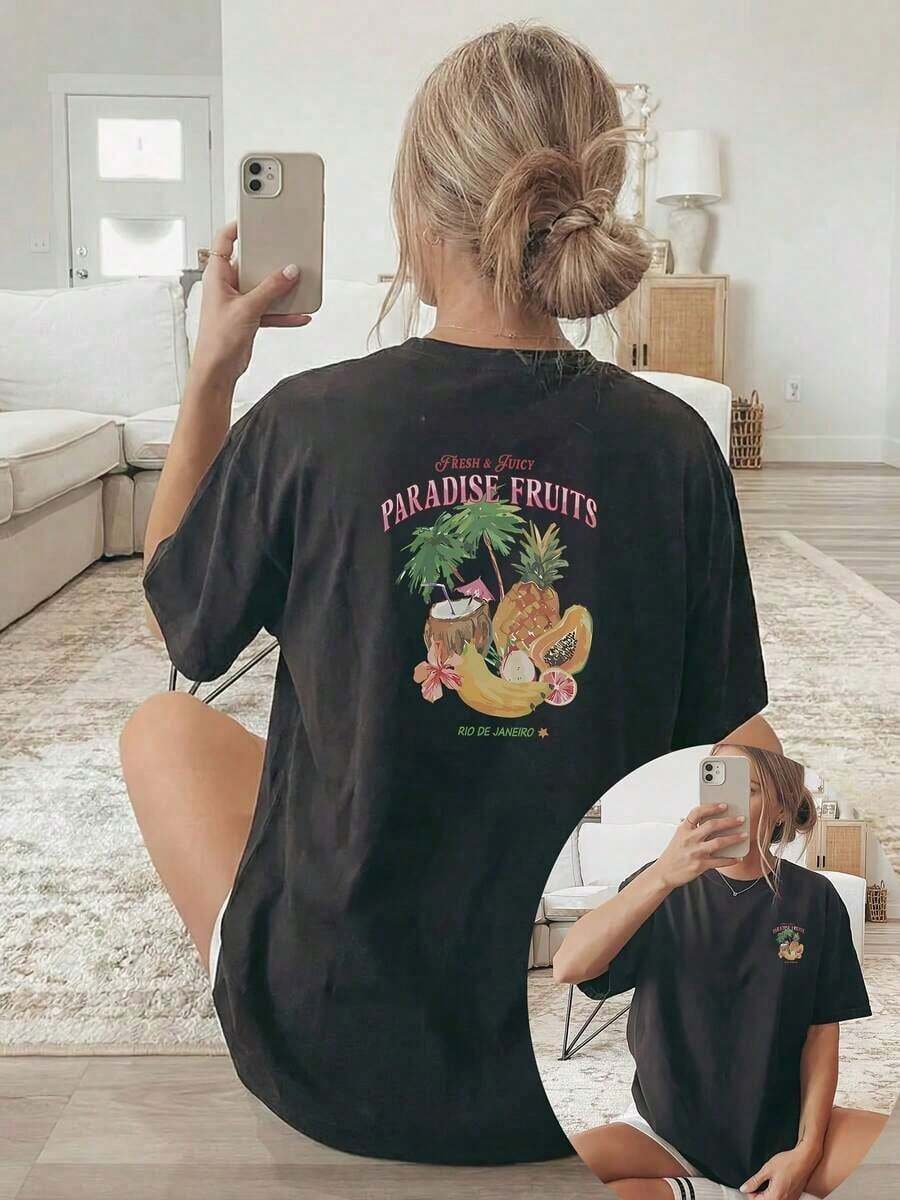 1 Piece [Double-Sided Print] Women's T-Shirt, Casual Short-Sleeve Round Neck Top, Tropical Fruit Collage Print With Coconut, Pineapple, Banana And Other Elements, Breathable Machine-Washable Fabric, Suitable For Comfortable Wear In All Seasons - Unisex Soft Cotton Short-Sleeve Round Neck T-Shirt, Urban Vintage Style. - 黑色 - 查看 1