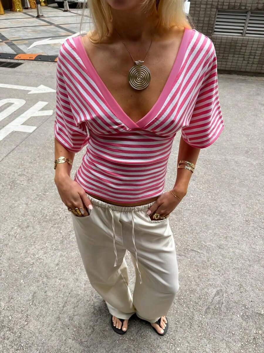 Women's Casual Vintage Colorblock Striped V-Neck Loose Top, Suitable For Daily Wear, Dates, Vacations, Parties, And Commuting, Spring/Summer Pink - Pink - View 1
