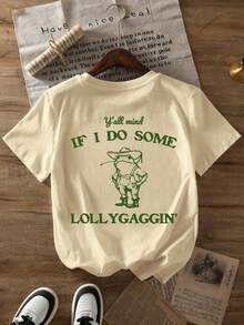 Can I Be A Little Lazy? Printed T-Shirt, Casual Short-Sleeved Top With Round Neck, Suitable For Spring And Summer Wear, Women's Summer Outfits, Women's Holiday Clothes, Women's Summer Clothes. - 杏色 - 查看 8