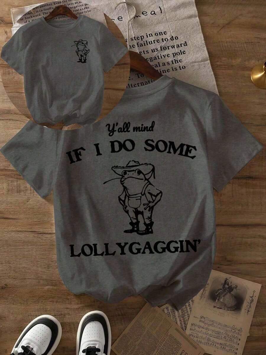 ¿Te importa si hago algo descuidado?Camiseta con Estampado Gráfico, Manga Corta, Cuello Redondo, Top Casual para Verano y Primavera, Ropa de Mujer - Gris Oscuro - Ver 1