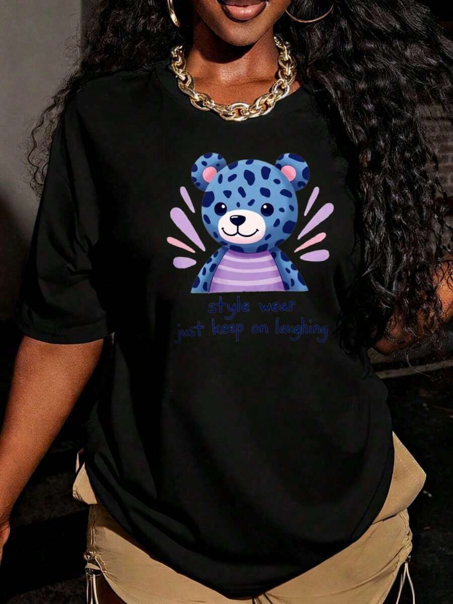 Playera Holgada para Mujer con Diseño de Oso Lindo con Manchas y Rayas, Transpirable - Negro - Ver 1