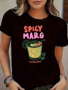 Spicy Marg Black T-Shirt With Spicy Margarita Print With Lime And Chili, Extra Spicy Text, Women's Summer Beach Party Wear, Summer Season, Mexican Fiesta, Casual Blouses For Ladies - 黑色 - 查看 7