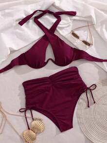 Conjunto de bikini de cuello halter de unicolor con aros para mujer, adecuado para vacaciones de verano - Rojo violeta - Ver 3