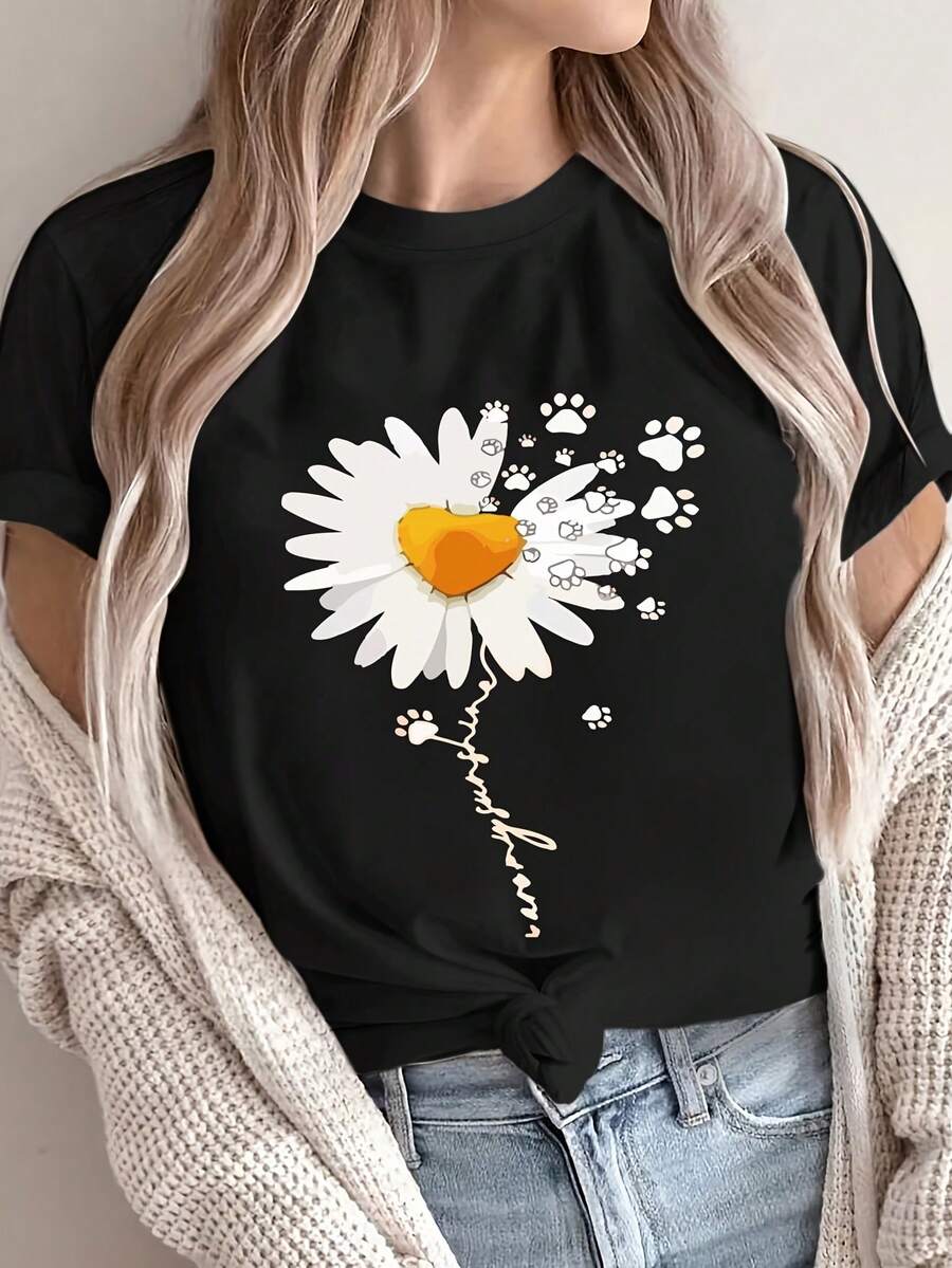 Camiseta unisex de manga corta, elegante y sencilla con estampado floral, camiseta casual de verano de manga corta para mujer, cuello redondo, playeras hombre, spiderman, ,  mujer, romwe men, boho chic, regalos para maestros, camiseta de mujer, atuendos curvos para hombre, y2k - Negro - Ver 1