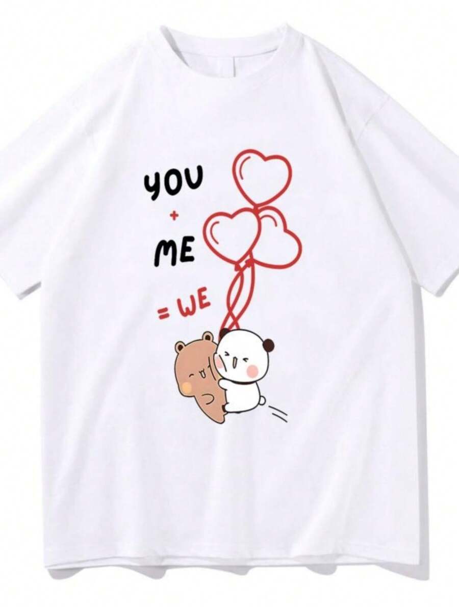 blusas para mujer You+me=we Together Equation Bear Bubu and Dudu T-shirt Unisex Kawaii Casual Top Cotton Tshirts Sweet Couples Dress Creative Tees - Blanco - Ver 1