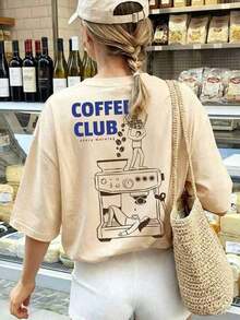 Camiseta Casual de Verano para Mujer, Camiseta con Estampado COFFEE CLUB, Camiseta Casual de Manga Corta con Cuello Redondo para Mujer, Adecuada para Verano, Vacaciones, Playa2026-Atuendos de Verano para Mujer - Albaricoque - Ver 2