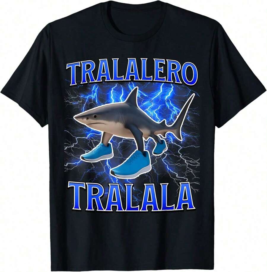 Turalarelo Shark Cotton T-Shirt With A Funny Italian Meme (This Product May Be Too Large For Children, Please Purchase With Caution. It's Finally Here! Y3UH 2DLP) - 黑色 - 查看 1