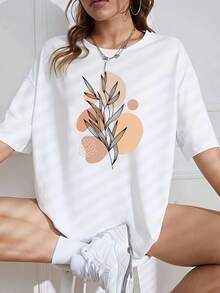 Women's Casual Sports T-Shirt With Minimalist Botanical Print - White Elastic Round Neck T-Shirt, Machine Washable And Comfortable, For All Seasons, Fresh And Chic Style. - 白色 - 查看 1