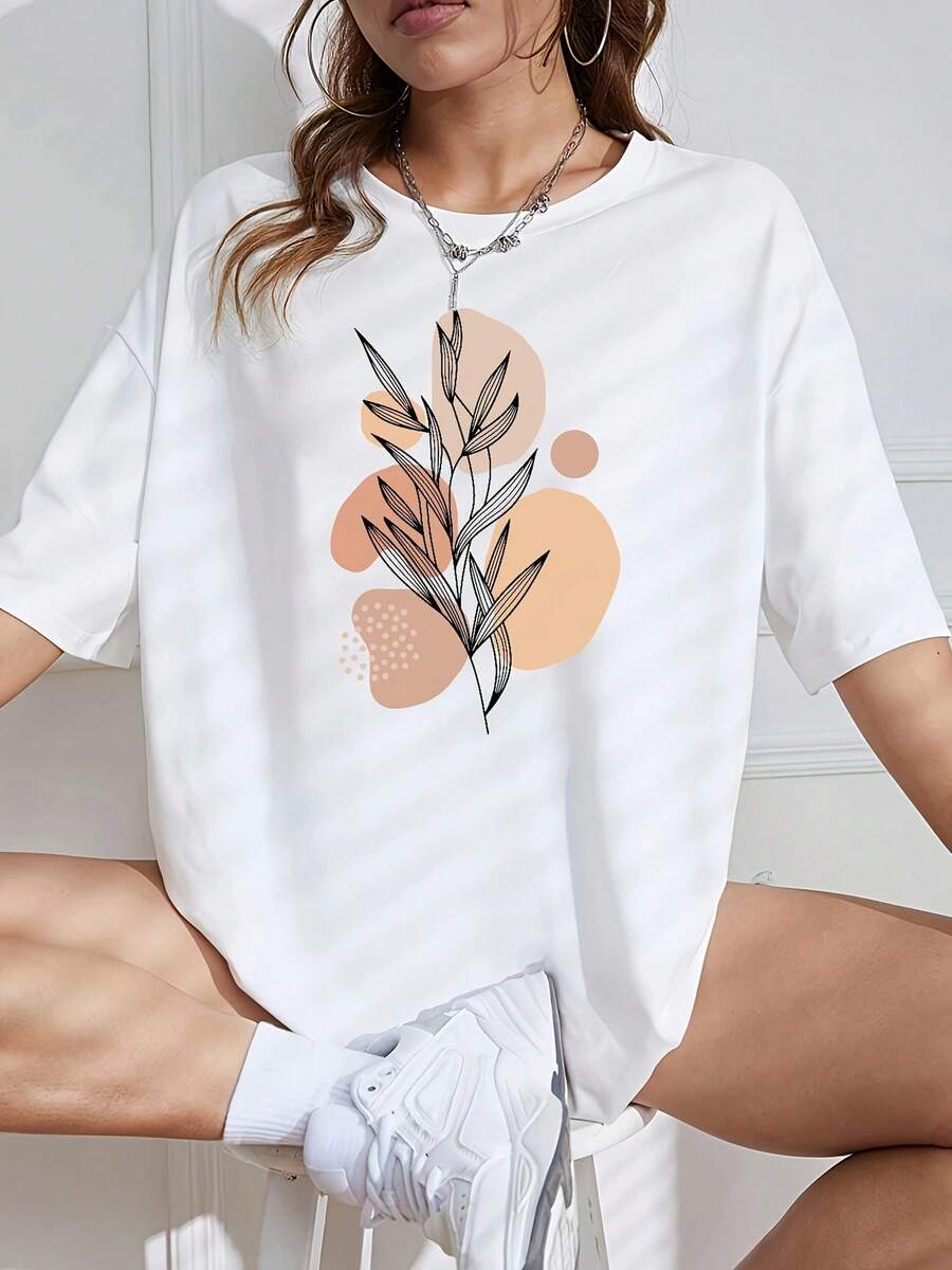 Women's Casual Sports T-Shirt With Minimalist Botanical Print - White Elastic Round Neck T-Shirt, Machine Washable And Comfortable, For All Seasons, Fresh And Chic Style. - 白色 - 查看 1