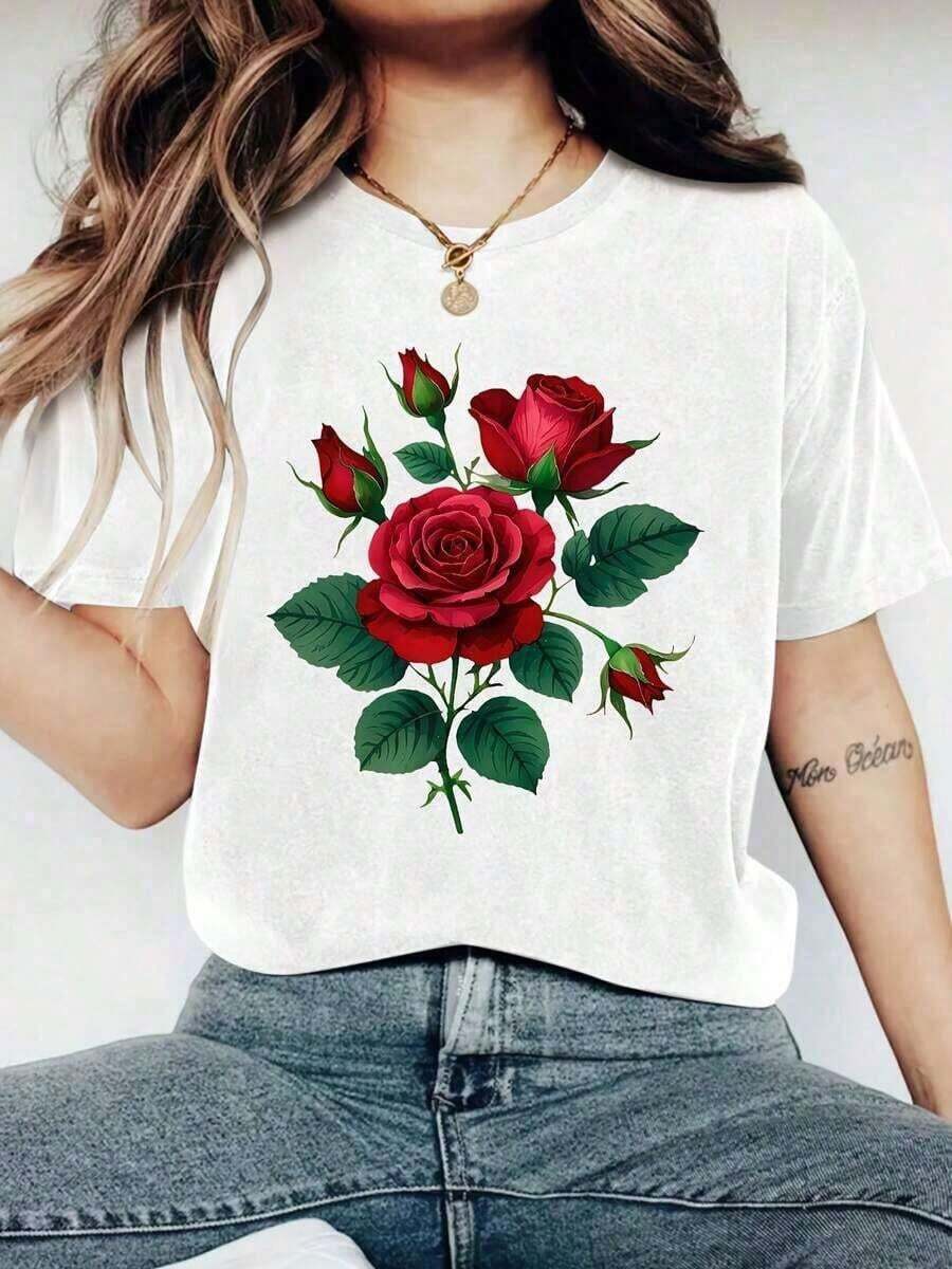 Soft 100% Cotton T-Shirt, Casual Graphic Tee For Young Women, 1 Piece, Plus Size, With Red Rose Print - Short Sleeve T-Shirt, Round Neck, Casual Design, With Burgundy Leaves And Roses, Lightweight And Breathable Fabric, Suitable For Spring And Summer Casual Wear, Valentine's Day Outfit, Stylish Machine Washable Shirt, Floral Pattern Of Bright Red Roses And Green Leaves, Loose Fit To Highlight Feminine Fashion - Casual T-Shirt For Women - Comfortable And Loose, New And Stylish T-Shirt, Made Of Breathable Cotton, Goes With Everything. - 白色 - 查看 1