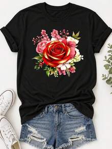 Camiseta Estampada para Mujer - Camiseta Casual Negra de Manga Corta y Cuello Redondo con Vibrante Diseño Floral. Con un Corte Relajado para Todas las Estaciones, la Elección Perfecta Tanto para el Uso Diario como para tus Atuendos de Vacaciones (Lavable aáquina). Se combina perfectamente con Pantalones Cortos Desgastados. - Negro - Ver 6