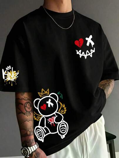  FRACTYR Men's Summer Casual Street American Graffiti Bear "KING" Letter Print Loose Fit Round Neck Breathable T-Shirt, Comfortable For Outdoor Wear, Solid Color Casual Top