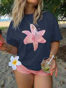 New Christmas Sportswear Fashionable Men's Explosive Short Sleeve 1 Piece Plus Size Women's Loose Off Shoulder Fit 100% Cotton T-Shirt Printed With Watercolor Pink Lily Designs, Perfect For Summer Beach Tropical Vacation And Music Festival Clothing Sets Creating Fresh Bohemian Style - 藏蓝色 - 查看 1