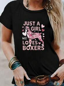 "JUST A WHO LOVES BOXERS" Printed T-Shirt, Casual Short-Sleeved Round Neck Top, Spring/Summer Clothing For Women, Blouses For Women. - 黑色 - 查看 1