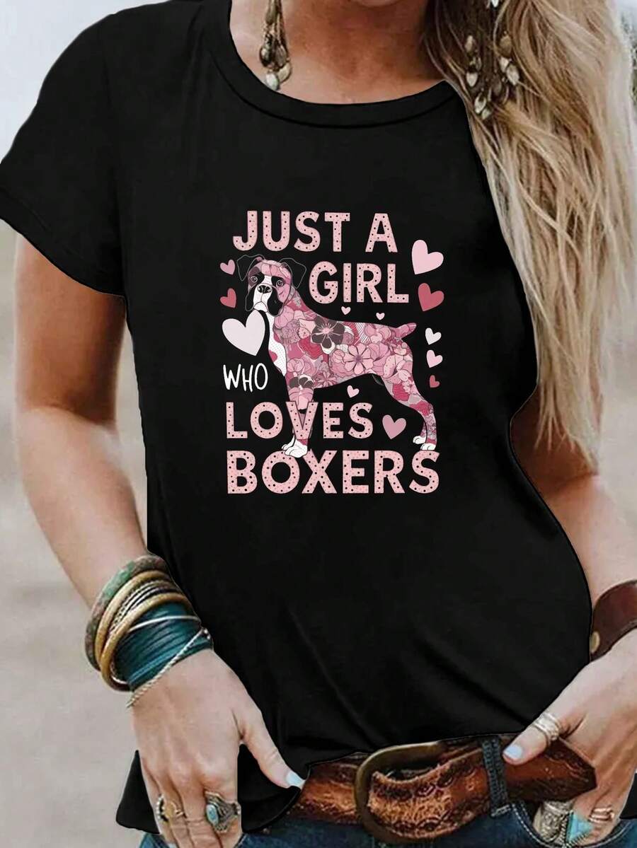 "JUST A WHO LOVES BOXERS" Printed T-Shirt, Casual Short-Sleeved Round Neck Top, Spring/Summer Clothing For Women, Blouses For Women. - 黑色 - 查看 1