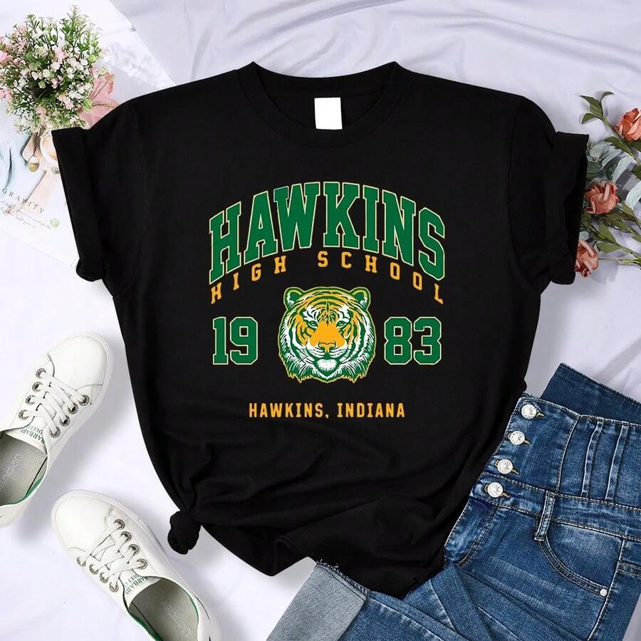 Women's Best Selling T-Shirt In 2026, Hawkins High School 1983 Print, Slim Fit, Harajuku Style, Urban Fashion, Casual Wear, Crew Neck - 黑色 - 查看 1