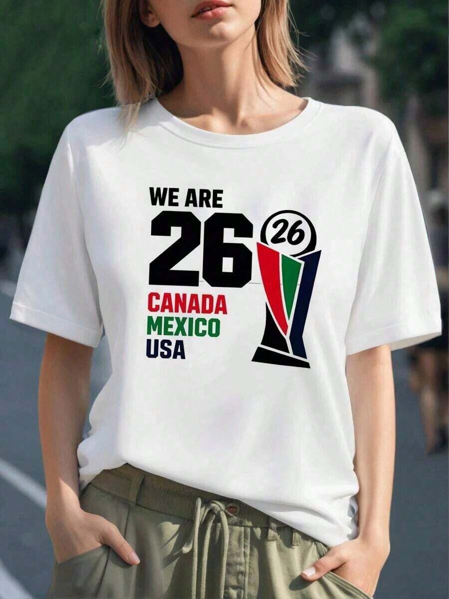 Women's Loose Printed T-shirtSímbolo con los colores de Canadá México y USA representando unión deportiva y espíritu internacional con número 26 destacado camiseta para mujer 100% algodón suave y cómodacamisas de mujer blusa - Blanco - Ver 1